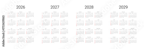 English 2026, 2027, 2028, 2029 calendar start from Sunday. Vector illustration design template for USA, Canada.