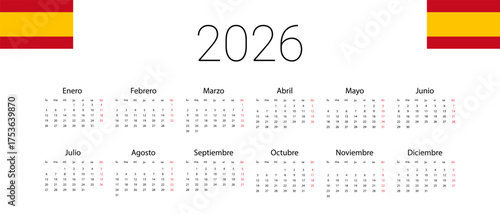 Spanish 2026 calendar template. Vector illustration design template start from monday. Full months for wall calendar. isolated wall background.