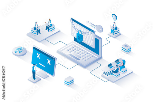 Cyber security 3d isometric concept with isometry people design for web. Users protecting their personal data on Internet, accessing with password to profile, safe from hacking. Vector illustration.