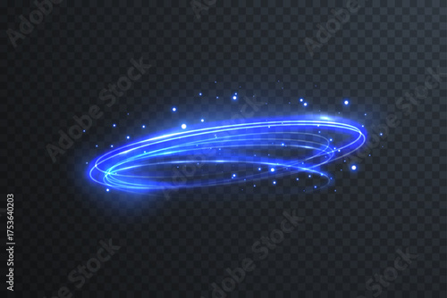 Glowing blue neon circle frame with magic spark and bright LED light effect. Futuristic laser swirl ring design for modern technology banners, vector illustrations, and disco background concepts.