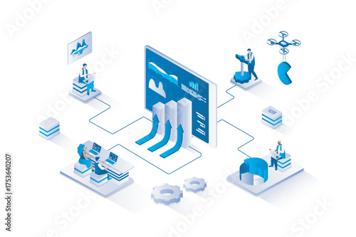 Data analysis 3d isometric concept with isometry people design for web. Analyst team analyzing financial statistics with growth trend, working with charts and calculating graphs. Vector illustration.