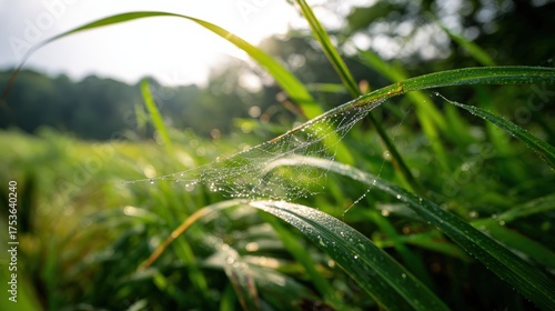 Close up of dewy grass with web in morning light