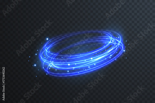 Blue glowing neon circle with radiant laser beam and magic light swirl. Abstract round frame for technology, sci-fi, and futuristic energy design concepts.