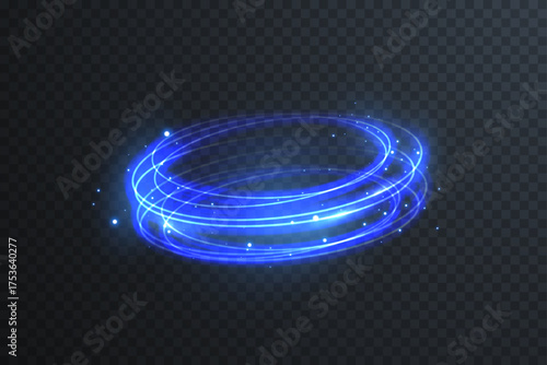 Realistic glowing blue neon ring with bright laser trail and luminous particles. Futuristic round frame design for LED, tech, and disco banner visuals.