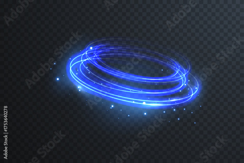 Realistic glowing blue neon ring with bright laser trail and luminous particles. Futuristic round frame design for LED, tech, and disco banner visuals.