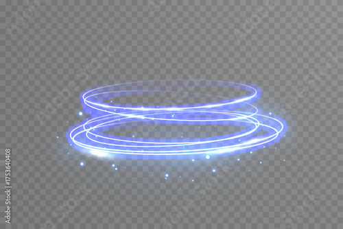 Vector blue neon ring light glowing on transparent background. Futuristic swirl circle with glitter particles, LED light trail, and brilliant glow for digital designs.