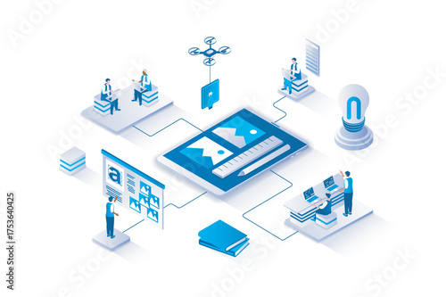 Designer 3d isometric concept with isometry people design for web. People working in creative studio, making digital art with painting tools, making visual projects for branding. Vector illustration.