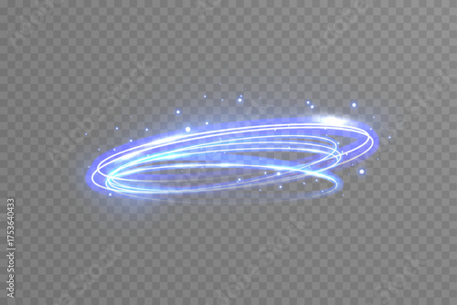 Vector blue neon ring light glowing on transparent background. Futuristic swirl circle with glitter particles, LED light trail, and brilliant glow for digital designs.