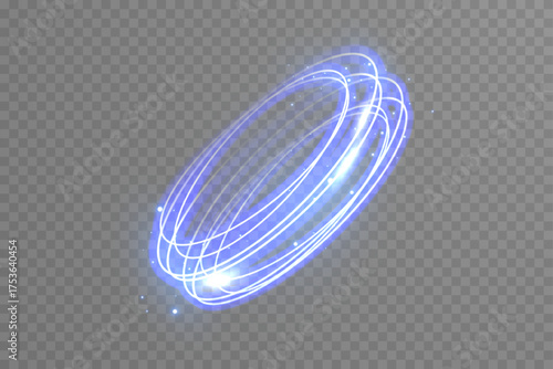 Vector blue neon ring light glowing on transparent background. Futuristic swirl circle with glitter particles, LED light trail, and brilliant glow for digital designs.