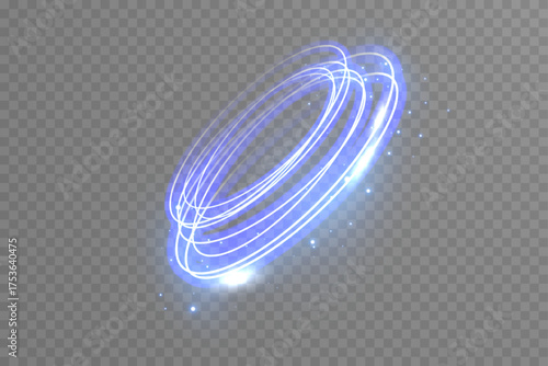 Bright blue neon circular frame with glowing laser light and spark swirl. Futuristic illuminated ring banner for sci-fi, tech, and modern digital design templates.