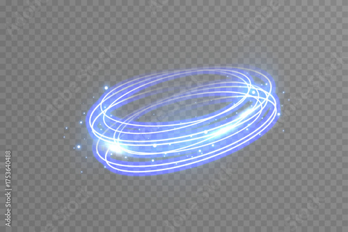 Bright blue neon circular frame with glowing laser light and spark swirl. Futuristic illuminated ring banner for sci-fi, tech, and modern digital design templates.