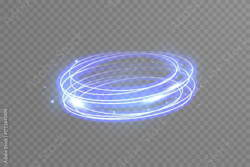 Bright blue neon circular frame with glowing laser light and spark swirl. Futuristic illuminated ring banner for sci-fi, tech, and modern digital design templates.