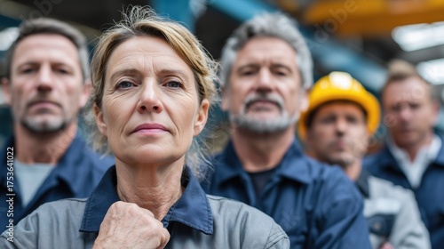 Group of diverse workers in industrial setting. A senior Caucasian woman stands in front, with gray hair and a serious expression. Men in the background wear blue uniforms and a yellow hard hat.