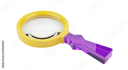 Isolated Magnifying Glass - Yellow Frame with Purple Handle - Examination Tool for Close Reading