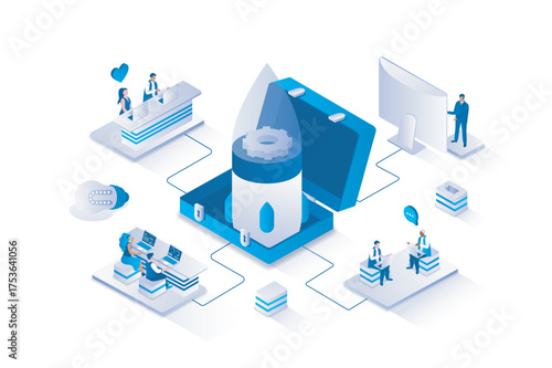 Focus group 3d isometric concept with isometry people design for web. People researching consumers and market trends, analyzing data, get customers feedback, developing company. Vector illustration.