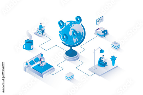 Freelance 3d isometric concept with isometry people design for web. People working on laptop remotely in outsource, doing work tasks and connecting online from home office. Vector illustration.