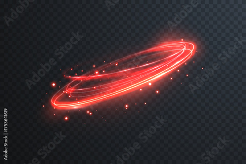 Red neon luminous trail forming perfect circle. Abstract energy beam design glowing on transparent background for digital artwork and tech interfaces.