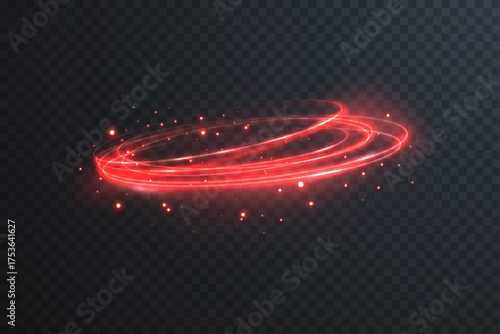 Red neon luminous trail forming perfect circle. Abstract energy beam design glowing on transparent background for digital artwork and tech interfaces.
