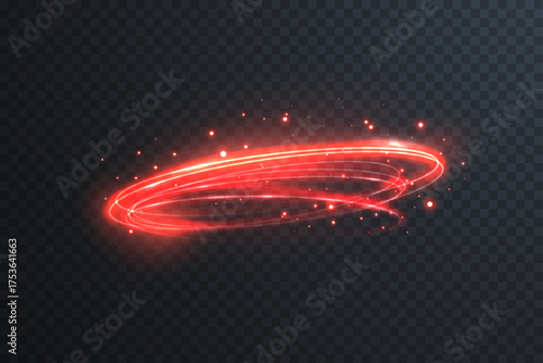 Red neon luminous trail forming perfect circle. Abstract energy beam design glowing on transparent background for digital artwork and tech interfaces.