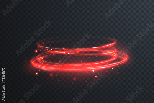 Glowing red neon circle with radiant halo and particle dust. Abstract luminous ring for modern, futuristic, or sci-fi visual concepts.