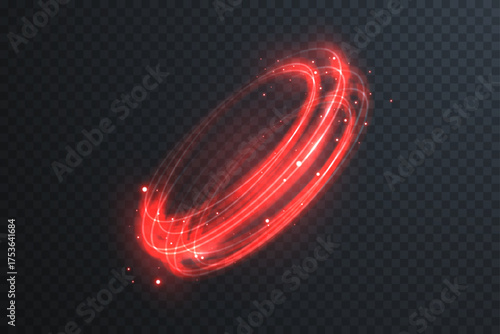 Glowing red neon circle with radiant halo and particle dust. Abstract luminous ring for modern, futuristic, or sci-fi visual concepts.