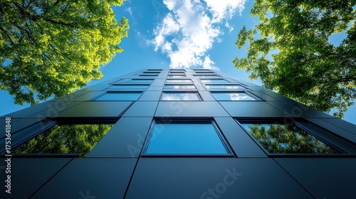 Modern office building, green trees, clear sky, sustainable urban design