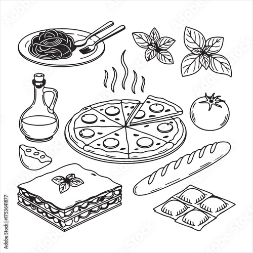 A black  and white drawing of food and drink items. Dolce vita. The drawing is of a picnic italian summer scene with a basket of food and drinks