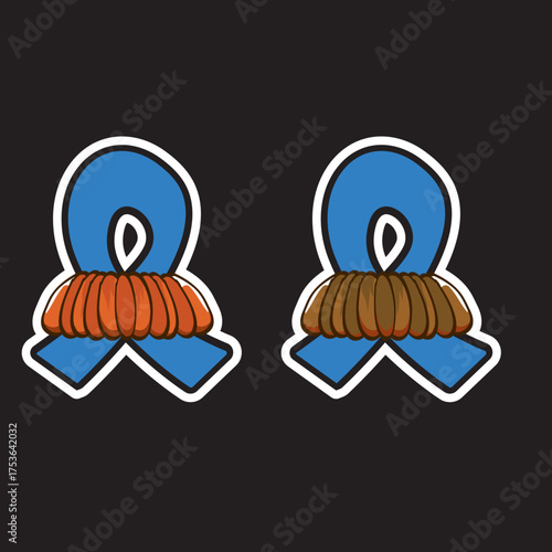 Blue ribbon with moustache symbol of november mens health month. Doodle style Blue ribbon and moustache isolated on black background. Sticker , label and icon set of prostate cancer awareness