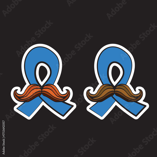 Blue ribbon with moustache symbol of november mens health month. Doodle style Blue ribbon and moustache isolated on black background. Sticker , label and icon set of prostate cancer awareness