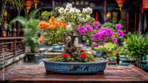 Wallpaper Mural Colorful bonsai tree with vibrant flowers on a wooden table Torontodigital.ca