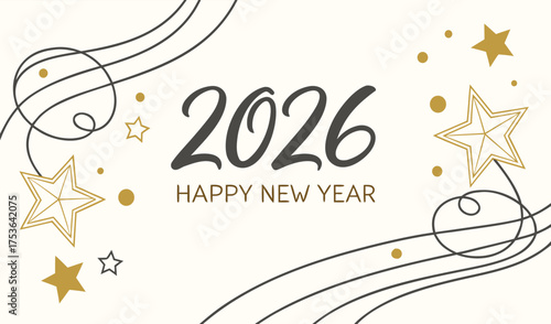 Celebrate Happy New Year 2026 with Golden Stars and Swirling Lines - Bright Wishes for a Festive and Prosperous Year Ahead