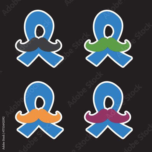 Blue ribbon with moustache symbol of november mens health month. Doodle style Blue ribbon and moustache isolated on black background. Sticker , label and icon set of prostate cancer awareness