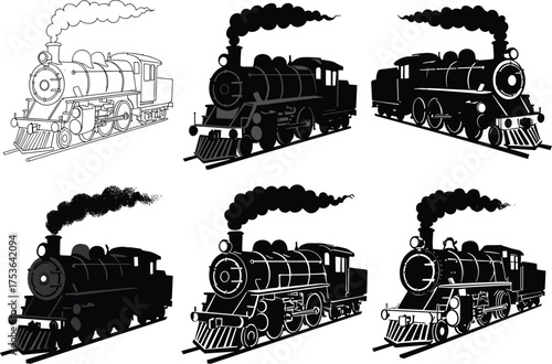 Steam locomotive vector set, vintage train illustration, silhouette and detailed styles, railway transport, retro engine artwork, smoke, track, transportation design