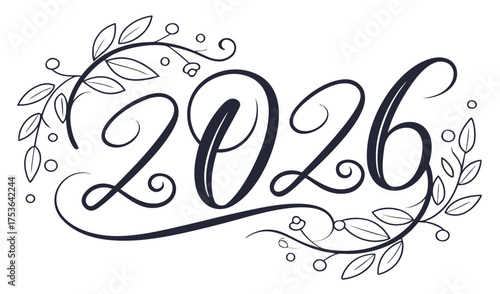 Welcome New Year 2026 with Elegant Leafy Swirls and Floral Accents - Best Wishes for a Fresh and Prosperous Year Ahead