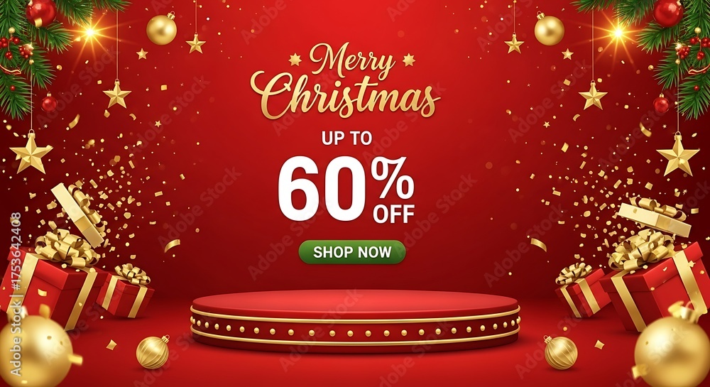 Naklejka premium Merry christmas sale up to 60 off with gift boxes and ornaments