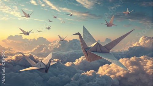 Dreamy paper cranes soaring above fluffy clouds at sunset evoke peace and hope for a brighter future