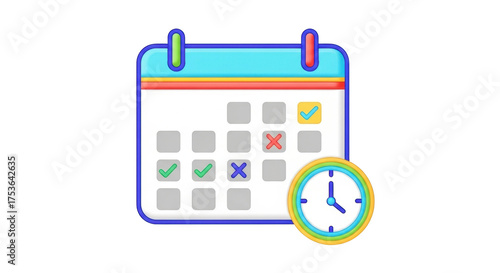 Isolated icon of a calendar with marks and a clock, appointment scheduling and timeline