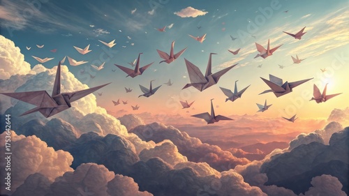 Soaring paper cranes floating among fluffy clouds at sunset convey hope and dreams of a brighter future