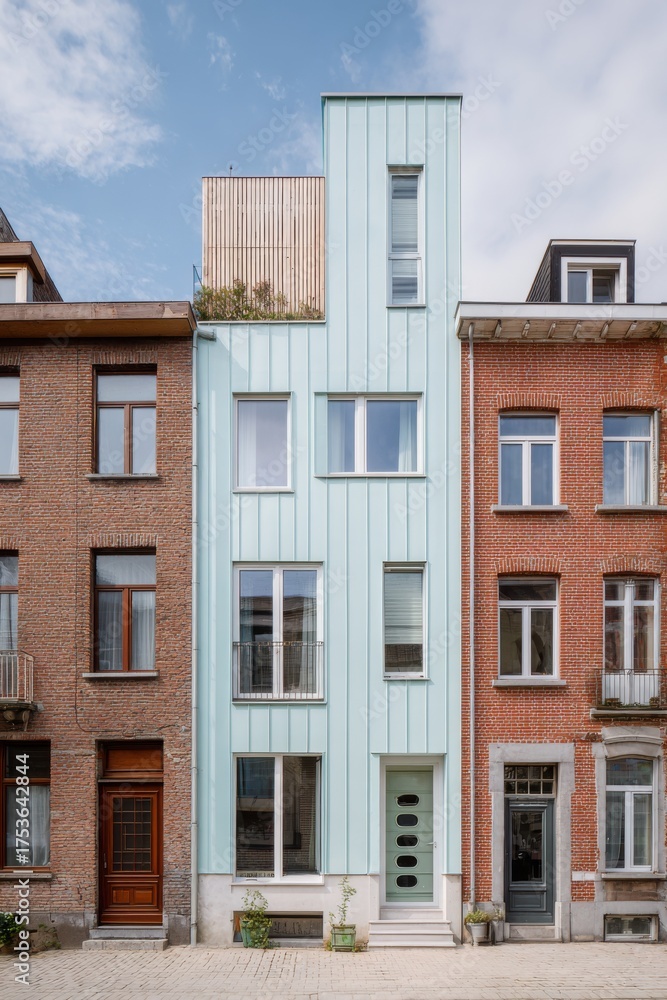 Fototapeta premium Modern narrow house design blends with traditional architecture in a charming urban street, showcasing a unique facade against neighboring buildings during daylight