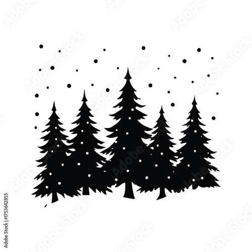 Monochrome Silhouette Illustration of Winter Landscape with Pine Trees and Snowfall, snow falling on pine trees silhouette vector illustration