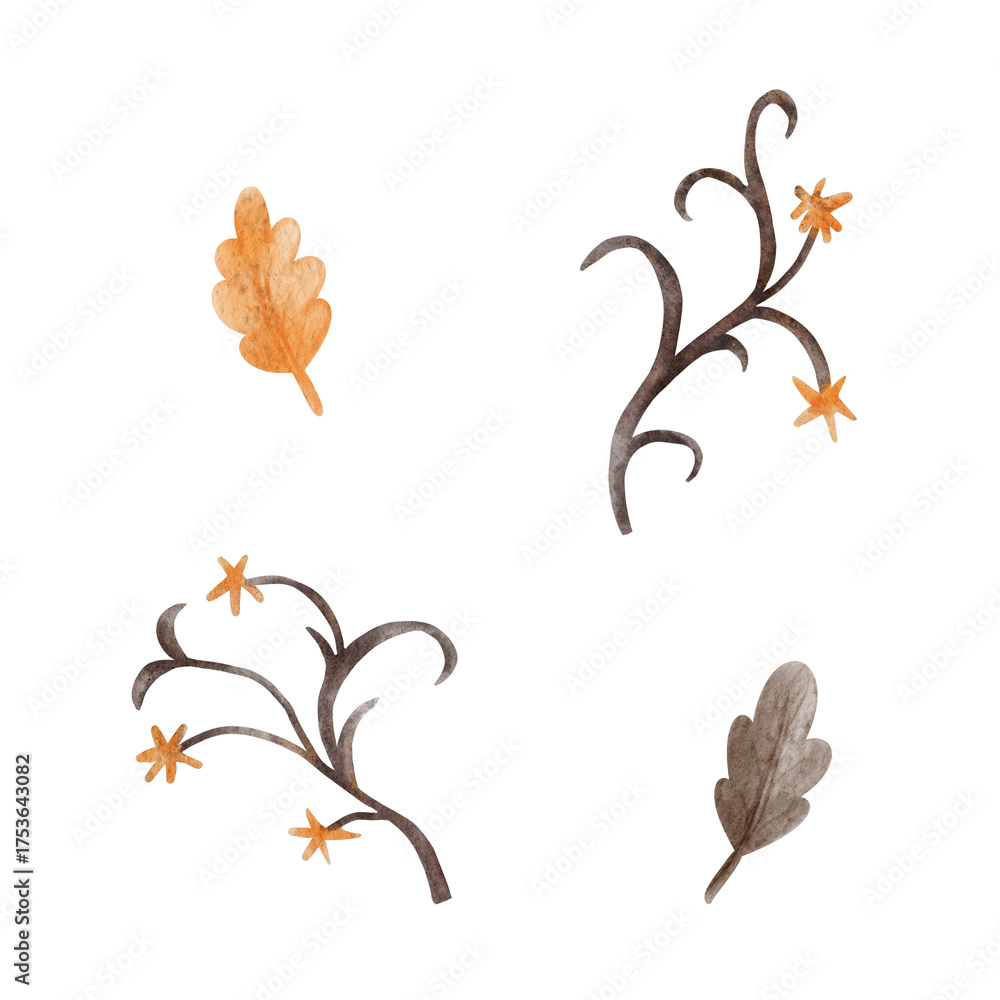 Fototapeta premium Hand painted watercolor Halloween leaves and branches. Autumn botanical design element for greeting card, invitation, or fall decor.