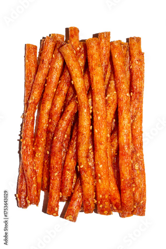 Chinese spicy soy meat.Chinese snacks for beer.Soy sticks with sesame seeds.Asian spicy sausages.Soy snacks for beer.