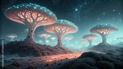 Explore a stunning dreamscape with glowing trees under a breathtaking starry night sky in a magical alien world