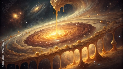 Dreamy cosmic vista with honey waterfall, abstract art for creative projects and fantastical designs