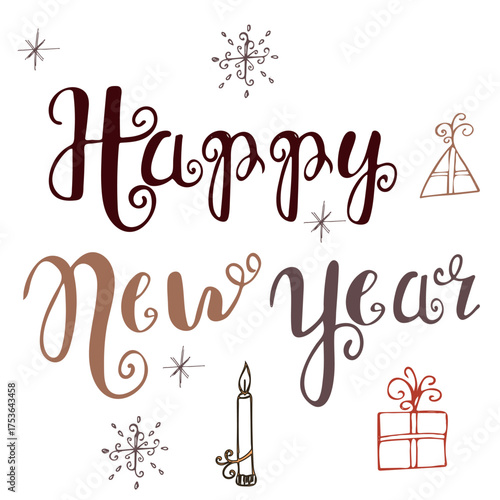 Hand drawn Happy New Year lettering with cute festive doodles candle, snowflakes, gift boxes, and holiday elements. Decorative calligraphy for winter celebration, greeting cards, and seasonal design.