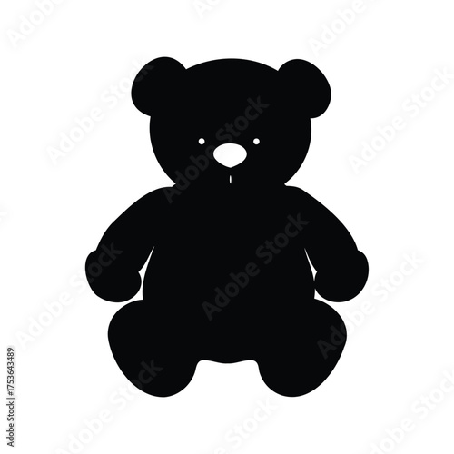 Simple black teddy bear with white facial details on a white background, teddy bear sitting silhouette vector illustration
