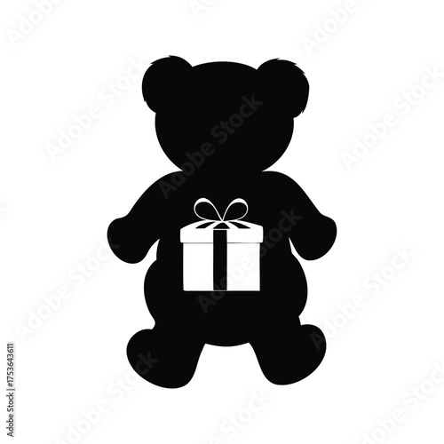 Black and White Teddy Bear Silhouette Holding a Gift, Present Illustration, teddy bear with gift box silhouette vector illustration