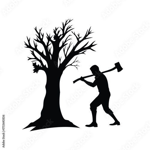 Silhouette of a lumberjack preparing to chop down a leafless tree, tree being chopped with an axe silhouette vector illustration