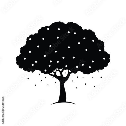 Solitary Silhouette of a Flourishing Tree with Spotted Canopy and Falling snow, tree with falling snow silhouette vector illustration