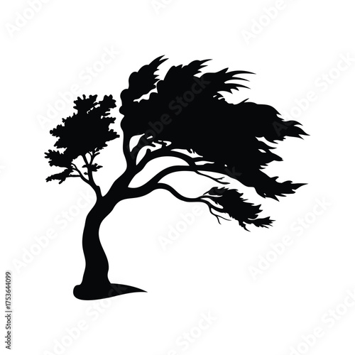 Silhouette of a windswept tree standing strong against the elements outdoors, tree swaying in wind silhouette vector illustration